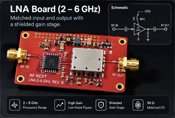 LNA board, 2–6 GHz: matched input and output with a shielded gain stage
