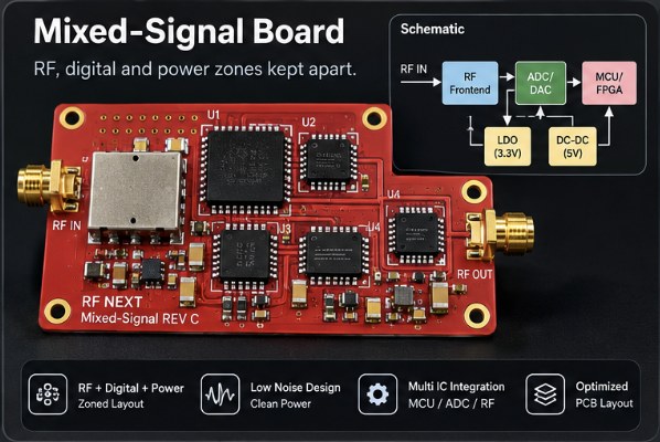 Mixed-signal board with RF front end, ADC/DAC, MCU/FPGA and power zones