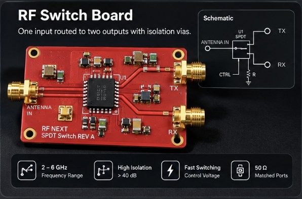 RF switch board: antenna input switched between TX and RX with isolation vias